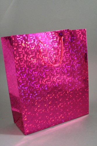 Pink Holographic Foil Gift Bag with Pink Corded Handles. Approx Size 21.5cm x 18cm x 7.5cm