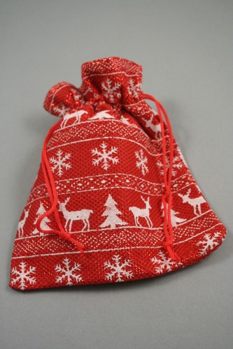 Red and White Christmas Print Fabric Drawstring Gift Bag. Size Approx 16cm x 14cm.